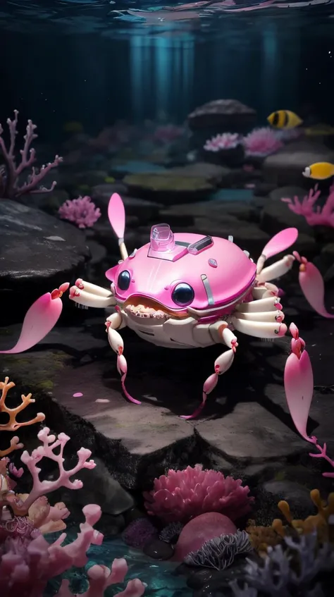 <lora:BarbieCore:0.8> BarbieCore a deep-sea crab scuttling along the seafloor, bioluminescent creatures around, (shiny plastic:0.8), (pink and white:0.9), (pastel:0.85) <lora:LowRa:0.6>