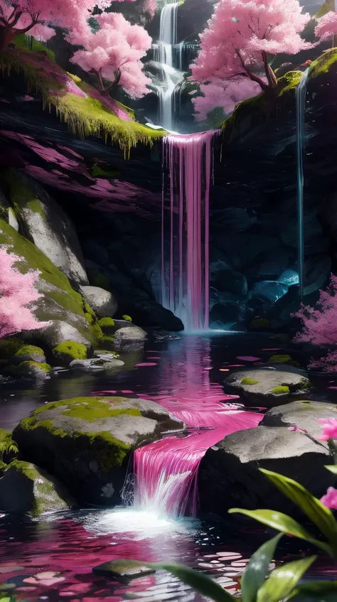 Pink colored <lora:BarbieCore:0.8> BarbieCore a cascading waterfall surrounded by lush greenery, (shiny plastic:0.8), (pink plastic:0.9),<lora:LowRa:0.6>