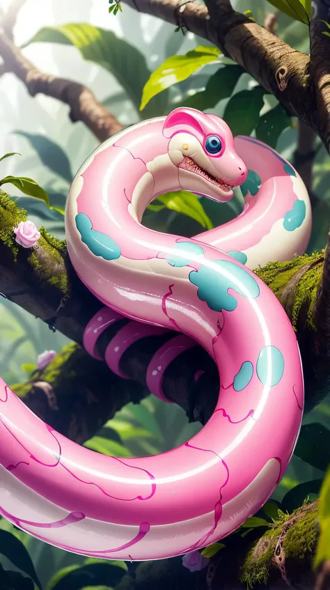 <lora:BarbieCore:0.8> BarbieCore a snake coiled up on a tree branch in a jungle, (shiny plastic:0.8), (pink and white:0.9), (pastel:0.85)