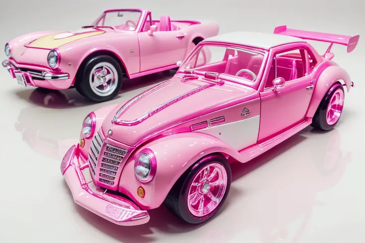 <lora:BarbieCore:0.8> BarbieCore, a hot rod car, race car, (shiny plastic:0.8), (pink and white:0.9), (pastel:0.85)