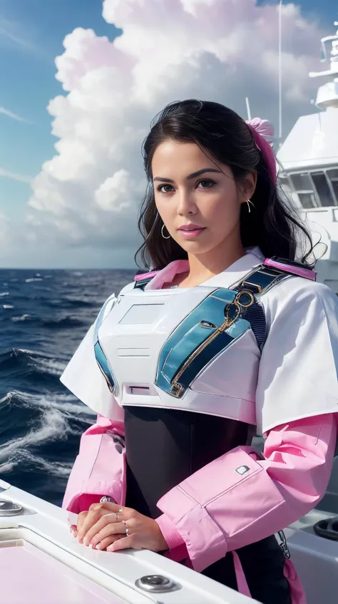 Pink colored <lora:BarbieCore:0.9> BarbieCore  portrait, solo, upper body, looking down, detailed background, detailed face, (<lora:NeoFuturisticTech-20:0.6>, sleek, neotech theme:1.1), admiral, calm, Blue  captain uniform,   navy insignia,  on deck of shi...