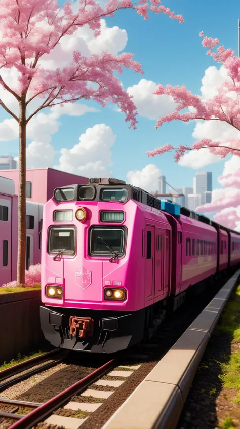 Pink colored <lora:BarbieCore:0.8> BarbieCore a train leaving trails of a cityscape in its wake, (shiny plastic:0.8), (pink plastic:0.9), anime style