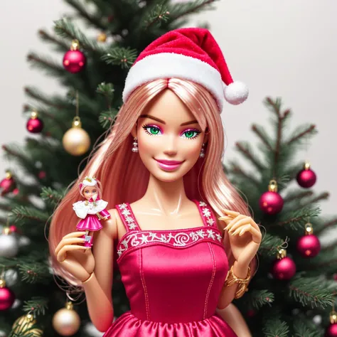 <lora:BarbieCore:0.5> Barbie holding small Christmas tree,happiness on her face and a bit of curiosity, her pose shows that she is dancing ,  high details, 8k