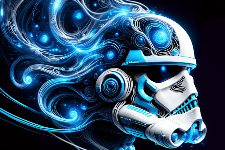 a close up of a helmet with a blue swirl on it