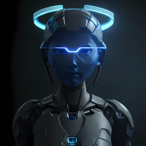 a close up of a robot with a halo on his head