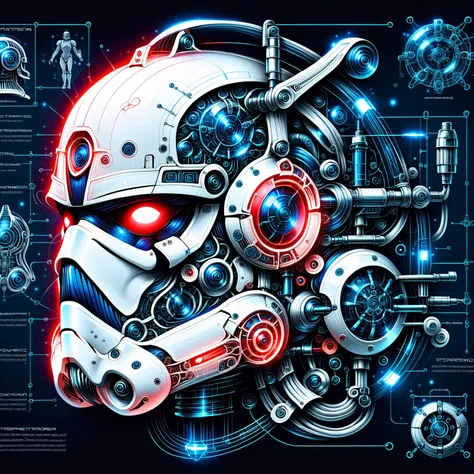 a close up of a robot with a red eye and a blue background