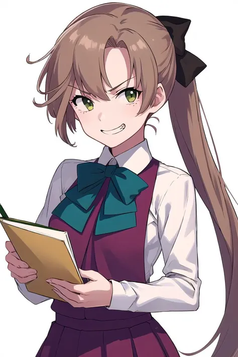 masterpiece, best quality,
1girl, solo,
(white background:1.4), looking at viewer,
evil smile, smug, upper_body, holding pencil,
<lora:kancolle_akigumo:1>akigumo, ponytail, hair ribbon, small breasts,
school uniform, shirt, bow, skirt, grey pantyhose,, <lo...