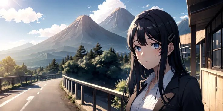 (masterpiece, best quality), ((1girl, (mature female), sakurajima_mai, <lora:MAI:0.7>), (dark hair, long hair, hair ornament), (blue eyes)), (looking at the viewer, leaning against vehicle), (road, walkway, sky, clouds, mountain),