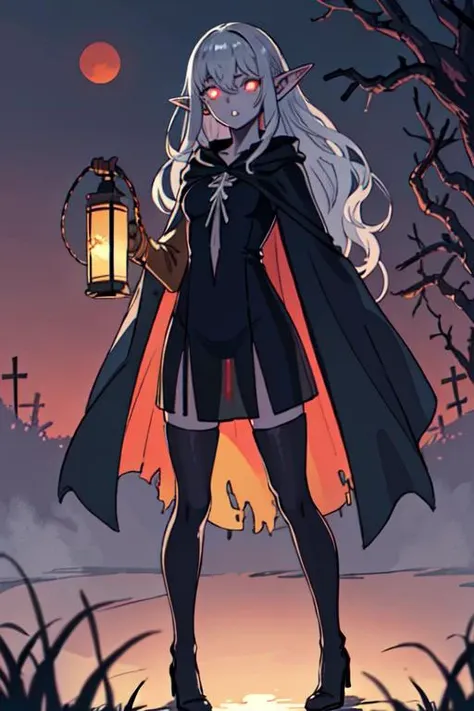 a woman in a cape and caped outfit holding a lantern