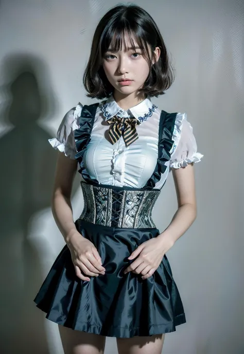 nsfw, RAW photo, best quality, high res, photorealistic, young  japanese girl, 12 years old, (multiple girls),  full body, blankness, Poker Face, Stone-faced, model, large breasts, short hair, wavy hair, curly hair, grey hair, silver hair, light brown hair, standing, empty eyes, blank eyes, ((thin thigh)), diagonal bangs, cute face, shiny skin, beautiful body, beautiful skin, focus boobs, from below naked, (school uniform, reed bowtie, black pinafore dress, high detailed corset, gothic, frilled dress, beautiful embroidery, (long skirt:1.2):1.4),  (using hands to skirtlift:1.3) to show, <lora:skirtlift-v1:0.7>, underwear, simple underwear,