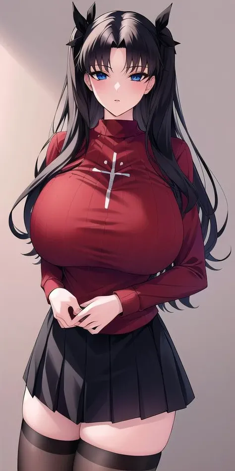 <lora:tohsaka_rin_altV3:0.7> tohsaka_rin_alt, huge_breasts, standing, solo, red_sweater_black_skirt_black_thighhighs, masterpiece, best quality, detailed face, detailed eyes, highres,