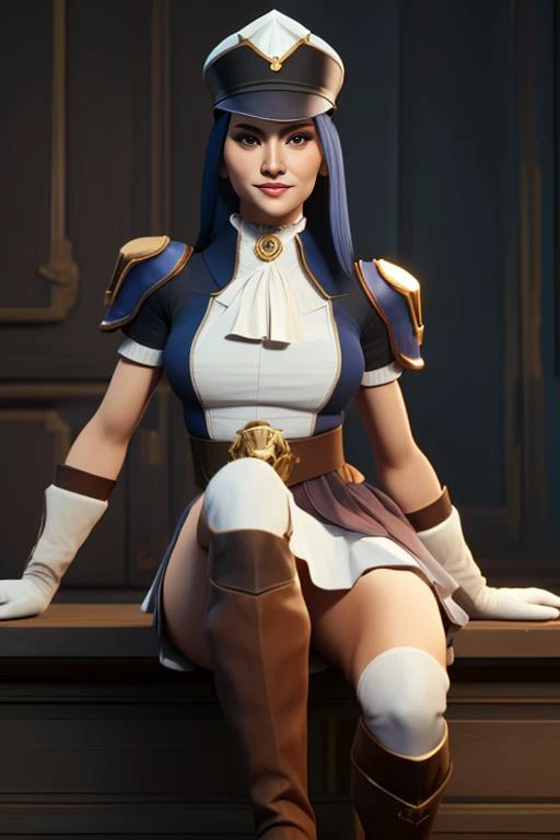 solo, chopiocaitlyn, [long hair|blue hair], blue eyes, [confused|forced smile], hat, ([police uniform|police hat]:1.1), short sleeves, white ascot, brown gloves, belt, (white frilly skirt, knee boots:1.2), thigh high boots, (looking at viewer), 
(pale skin...