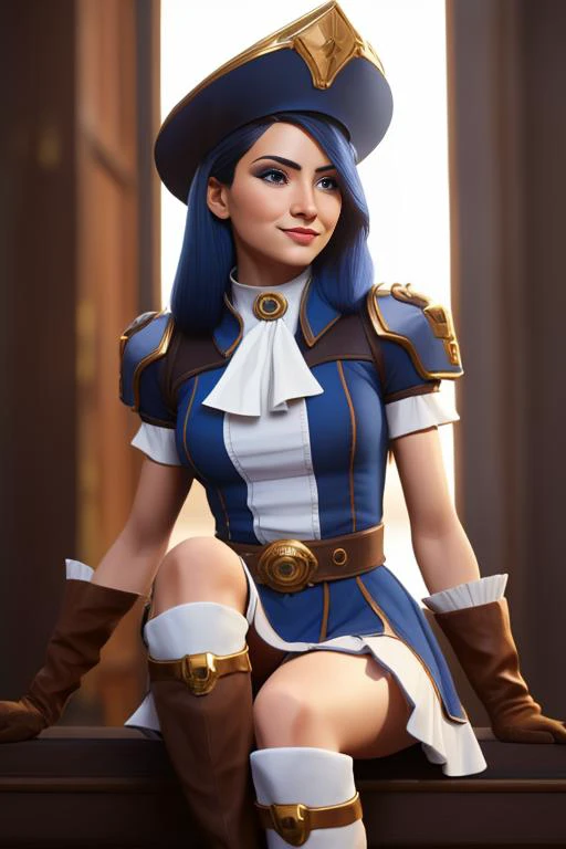 solo, chopiocaitlyn, [long hair|blue hair], blue eyes, [confused|forced smile], outfit_1, hat, [police uniform|police hat], short sleeves, white ascot, brown gloves, belt, (white frilly skirt, knee boots:1.2), thigh high boots, (looking at viewer), 
(pale ...