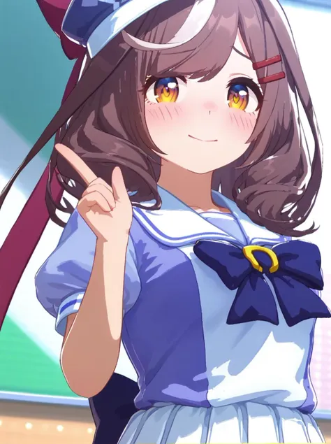 anime girl with a hat and glasses pointing at something