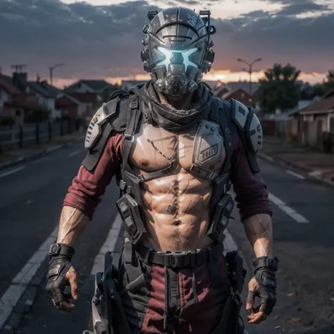 1boy,muscular,masterpiece,best quality,<lora:Jack_Cooper-000014:0.7>,helmet,(glowing eyes:1.2),fingerless gloves,sunset,(shirtless:1.2),