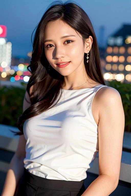 "1girl,photo of mina, brown hair,best quality,(detailed face:1.4), (looking at viewer:1.4),closed mouth,expressionless,  shiny skin, smile, city at night background ,(half body:1) 
 <lora:minatwice_v1.0.1-000001:0.850>