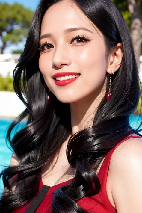 "1girl,photo of mina,best quality,black hair,long wavy hair,black dress,{red} lipstick,(detailed face:1.4), (looking at viewer:1.4),closed mouth,smile,  shiny skin, lantern,sun lighting,outdoor background ,(full body:0.850) 
 <lora:minatwice_v1.0.1-000001:...