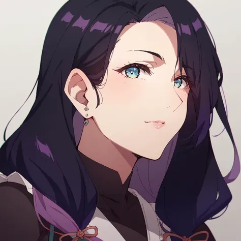 anime girl with long black hair and blue eyes staring at something