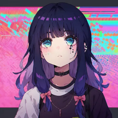 anime girl with blue eyes and purple hair in front of a colorful background