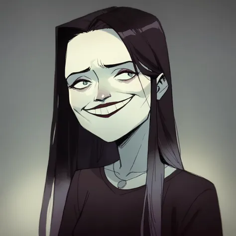 a cartoon drawing of a woman with long hair and a creepy smile