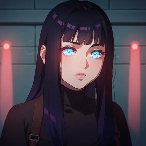 anime girl with blue eyes and long black hair in a dark room