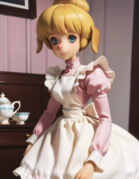 a close up of a doll with a dress and a tea pot