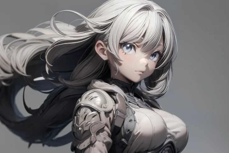 3dmm,Gray clay style,(ultra-detailed:1.3), (illustration:1.2), (disheveled hair, beautiful detailed eyes)1.1, (high resolution),
(solo), (1 girl),medium breasts,armor, 
15 years old, standing, Grayscale, 
simple background, 
 <lora:hairdetailer:0.6> <lora:...