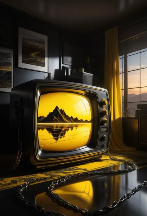 Ultra-wide photorealistic image,old 80s television, cathode ray tube, iron chains in the background. Dark sun, giant cyber abstract, black gray and yellow, ink flow - 8k photorealistic masterpiece ,liquid tempera, calligraphy, acrylic: color watercolor, ci...