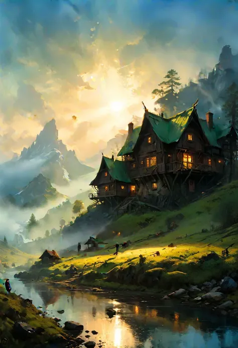 landscape painting of a homestead, nordic elven adventurers, cozy valley, broadleaf forest, sunrise, light fog, silhouettes of people, ferrotype defects, style of (Jeremy Mann, Louis Icart, Valentin Serov, Makoto Kobayashi, Karol Bak) <lora:xl_more_art-ful...