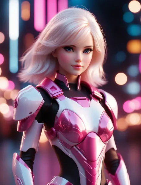 cinematic photo a 3d render of a futuristic barbie doll with white hair and pink glass armor,octane,blender render,hd,8k,4k,bokeh,tilt-shift, . 35mm photograph, film, bokeh, professional, 4k, highly detailed