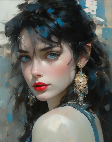 8k, solo, 1girl, solo, black hair, makeup, earrings, mole under eye, blush, jewelry, long hair, lipstick, red lips, eyeshadow, looking at viewer, colored skin, portrait, realistic, blue eyes,
style of Jeremy Mann,upper body, 
oil painting (medium), (decons...