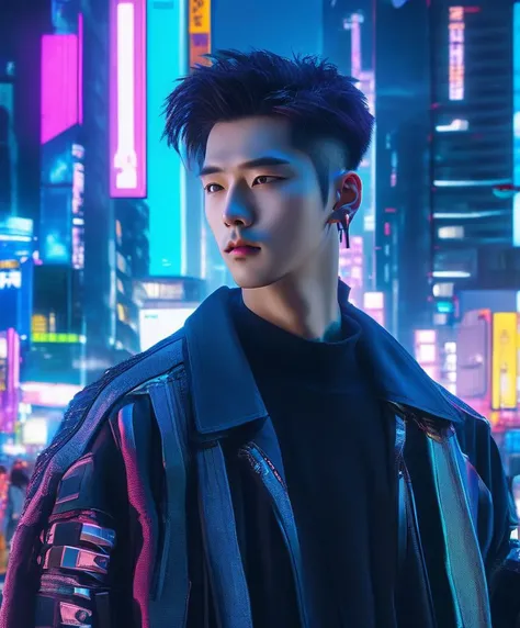 hot guy, 8k UHD, a cinematic photograph of a handsome cyberpunk k-pop singer, Neo-Seoul, futuristic city, night life