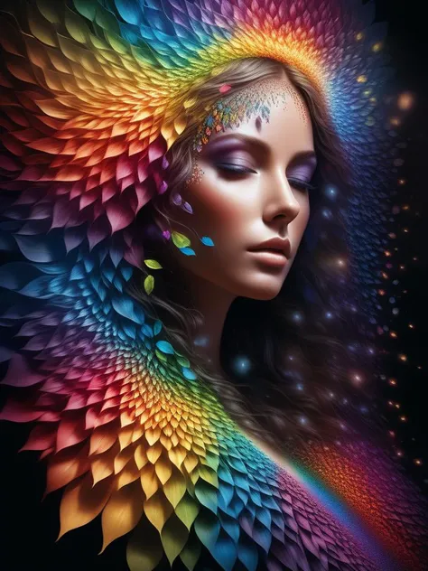 rainbow dreaming world, portrait a female made of petals of flower ready to enter into your soul, painting by Mark Brooks and tomasz alen kopera, high contrast dynamic lighting, fantasy, eyes of flame, intricate detail, sharp focus, masterpiece, anatomical...