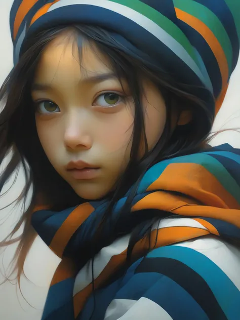 An image of a girl with blue, black, white, and green stripes, in the style of hyperrealistic wildlife portraits, dark azure and orange, adi granov, intricately sculpted, indonesian art, close - up shots, aleksi briclot