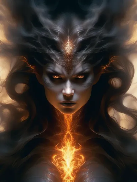 portrait a demon female made of wisps of smoke ready to tear into your soul, painting by donato giancola and ben templesmith, high contrast dynamic lighting, horror fantasy, eyes of flame, intricate detail, sharp focus, masterpiece, anatomical details, ful...