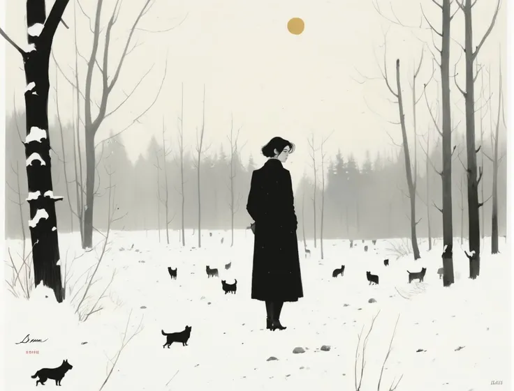 arafed image of a woman in a black coat and a cat in a snowy forest