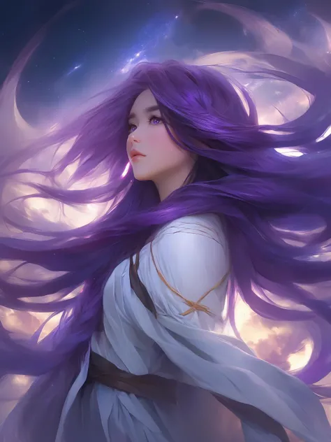 Heavenly angel descending, gorgeous, most beautiful anime girl, long purple hair with highlights in a braid, beautiful, eldritch dark sky, innocence, Artgerm and kleggt, Stanley artgerm, 8k