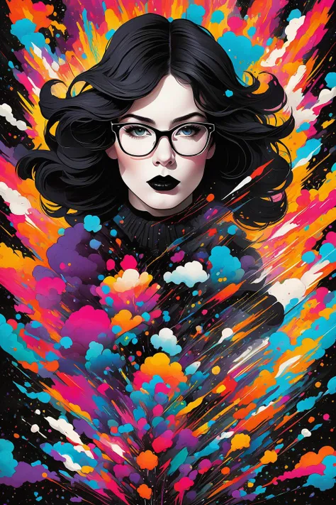 Portrait of Gabrielle Hersh, detailed face, pale white skin, black lipstick, glasses, explosion of color background
High detail Photograph