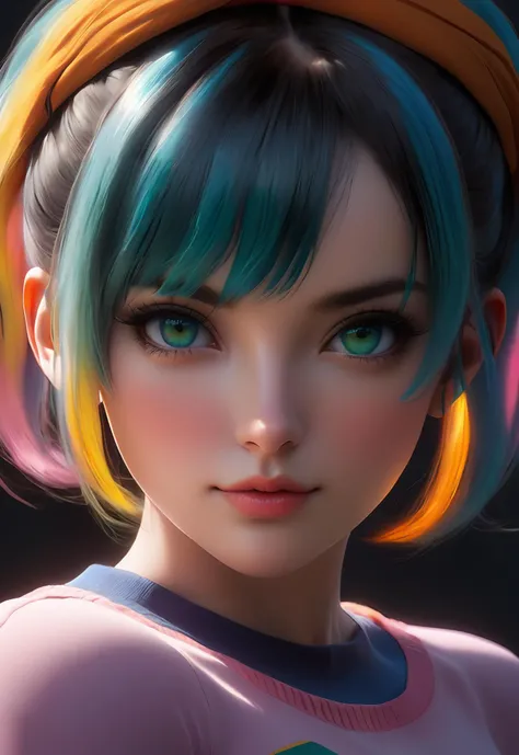 masterpiece, best quality, Half body portrait, 1girl, realistic, teen girl, (((Bulma)) character in real life), true light, pin-up, beautiful, sexy, colourful, smooth skin, illustration, artstation, sideways glance, foreshortening, extremely detailed 8K, s...