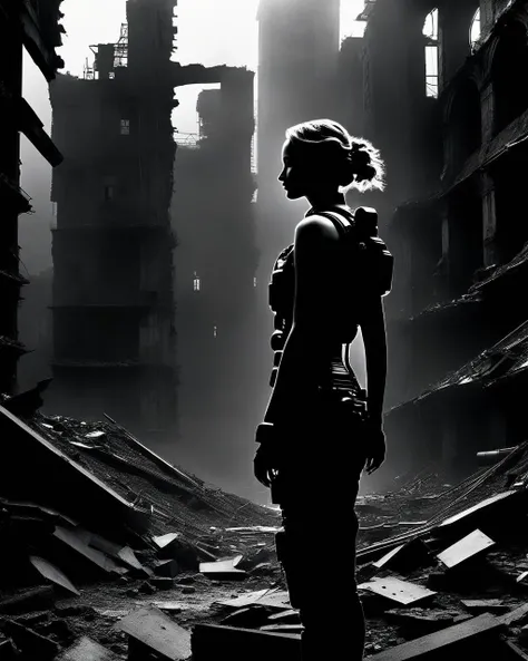 Jennifer Lawrences silhouette emerges amidst a dystopian citys ruins. Her methodical fusion of a sinister robotic arm becomes a masterclass in dark innovation, whispered tales of the lost amplifying the scene.