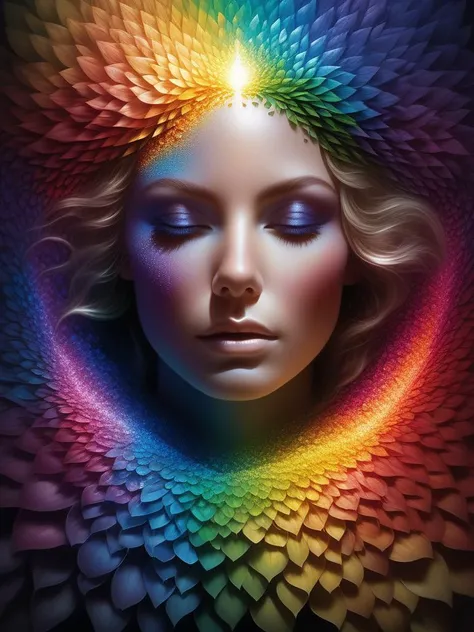 rainbow dreaming world, portrait a female made of petals of flower ready to enter into your soul, painting by Mark Brooks and tomasz alen kopera, high contrast dynamic lighting, fantasy, eyes of flame, intricate detail, sharp focus, masterpiece, anatomical...