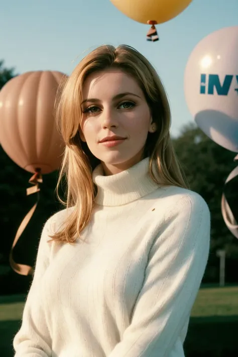 a woman standing in front of a bunch of balloons with a sky background