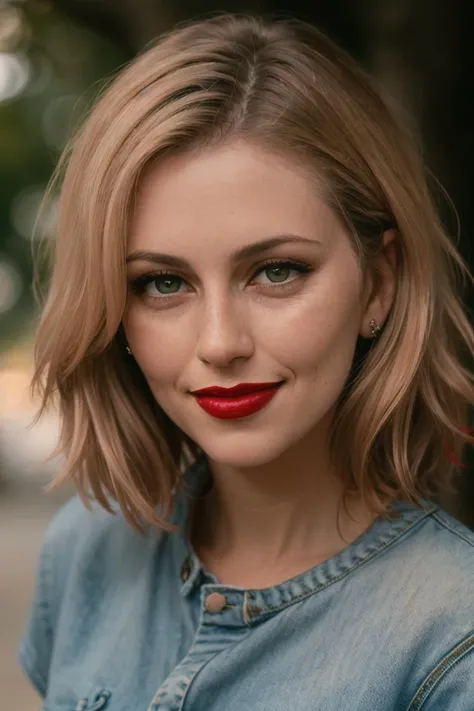 a woman with a red lipstick and a denim shirt