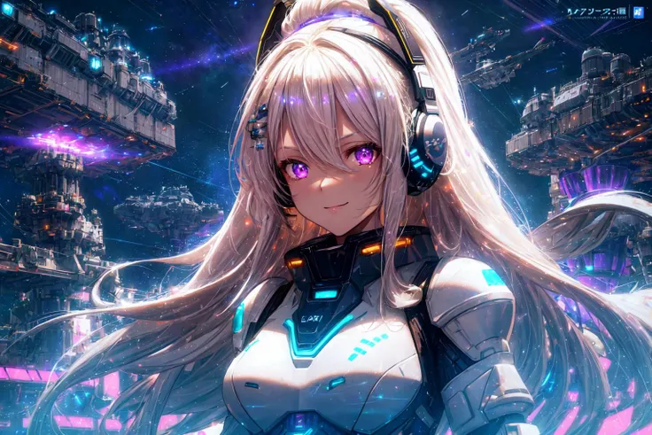 In Space, On Space Station, Space Fleet, Stars, Star System, Planets, 
1girl, (tall, medium breasts, long hair, platinum blonde, glowing purple eyes, Headset, futuristic space armor, white black armor, neon armor, multiple war medals,) serious, light smile...