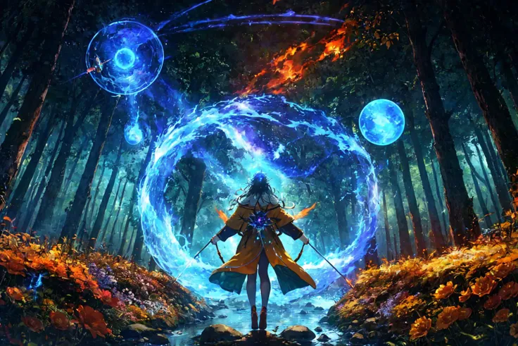 a man in a yellow coat standing in a forest with a blue orb