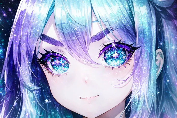 ( silver blue green purple galaxy monochrome:1.2), starfield,
big eyes, beautiful eyes, glitter eyes, only eyes, galaxy eye reflection, happy face, glitter hair, glitter eyebrows,