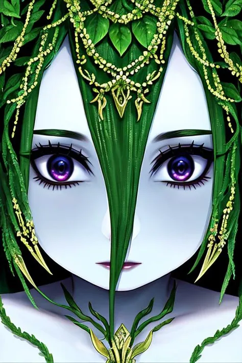 a close up of a woman with green hair and blue eyes