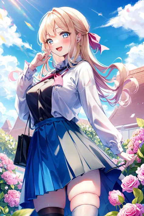 -Shino amagi OL, 1girl, solo, thighhighs, long hair, skirt, blonde hair, outdoors, smile, breasts, bag, looking at viewer, flower, blue skirt, open mouth, blush, long sleeves, black thighhighs, bangs, sky, shirt, holding, white shirt, blue sky, blue eyes, ...