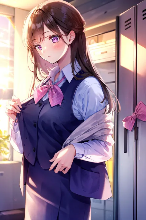 -Shino amagi OL, 1girl, shirt, solo, long hair, office lady, purple eyes, indoors, skirt, brown hair, collared shirt, white shirt, blush, vest, dress shirt, striped bow, hair behind ear, striped bowtie, signature, pink bow, pencil skirt, long sleeves, eyel...