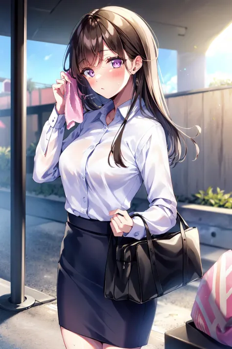 -Shino amagi OL, 1girl, office lady, shirt, solo, long hair, white shirt, skirt, purple eyes, blush, collared shirt, holding jacket, jacket, long sleeves, holding, jacket removed, bangs, blurry background, breasts, black hair, dress shirt, bag, black skirt...